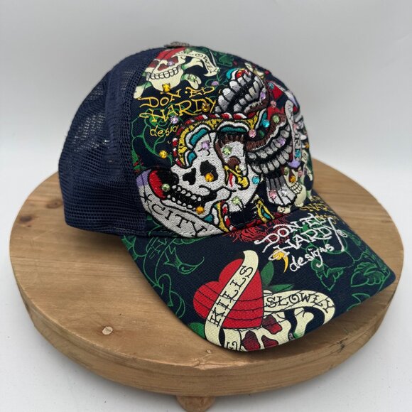 Vintage Ed Hardy Christian Audigier Love Kills Slowly Trucker Hat Y2K Bling - Picture 1 of 10